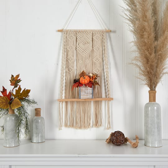8" Pumpkin, Gourd, Berries & Pinecones Autumn Arrangement In Natural Washed Vase